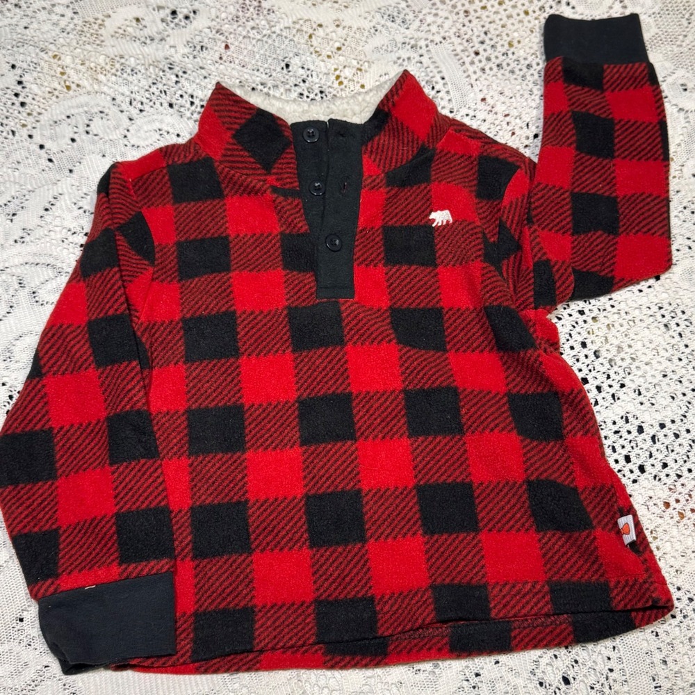 Dapper Dude Kids 3T Fleece Pullover Plaid Red Black Sherpa Trim‎